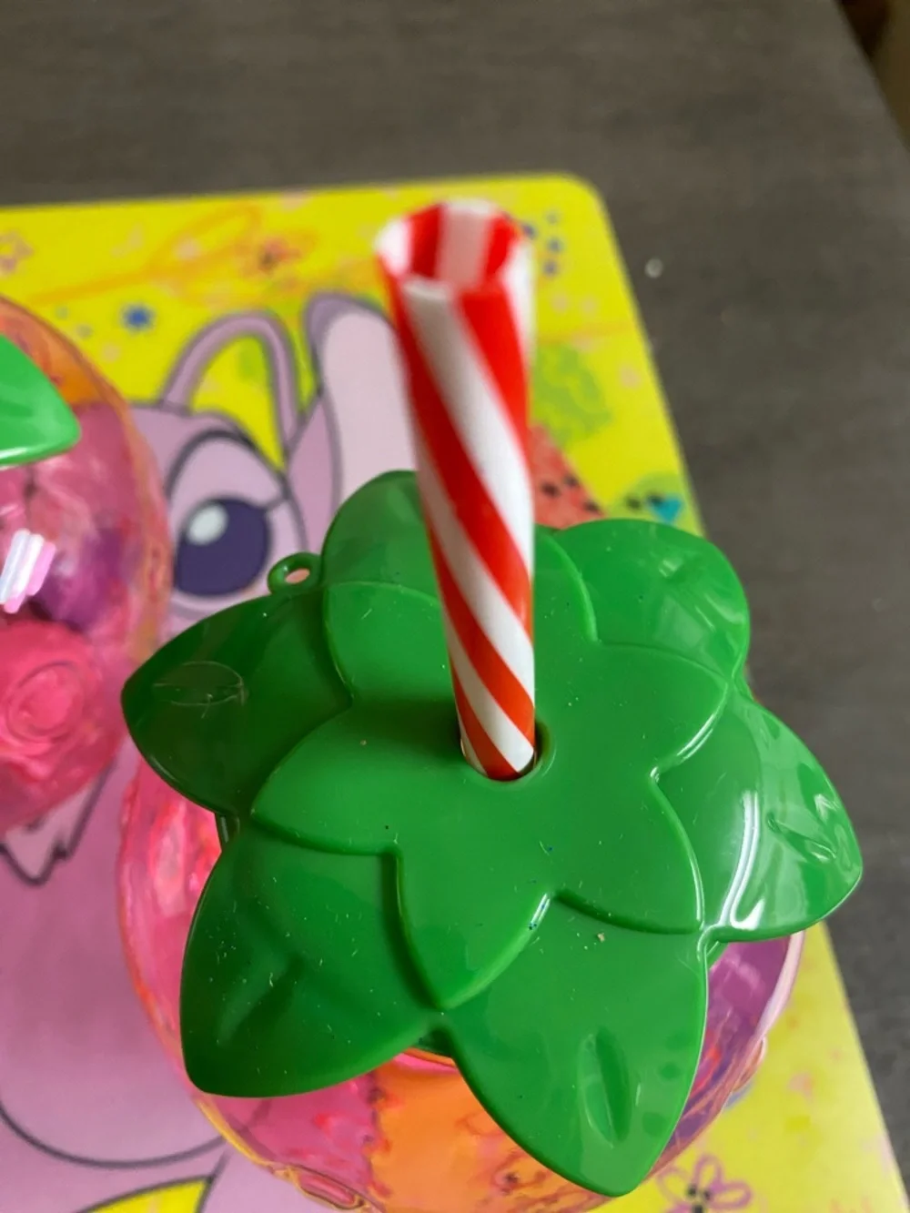 Pink Strawberry Drink Cups with Green Leaf Lids and Straws